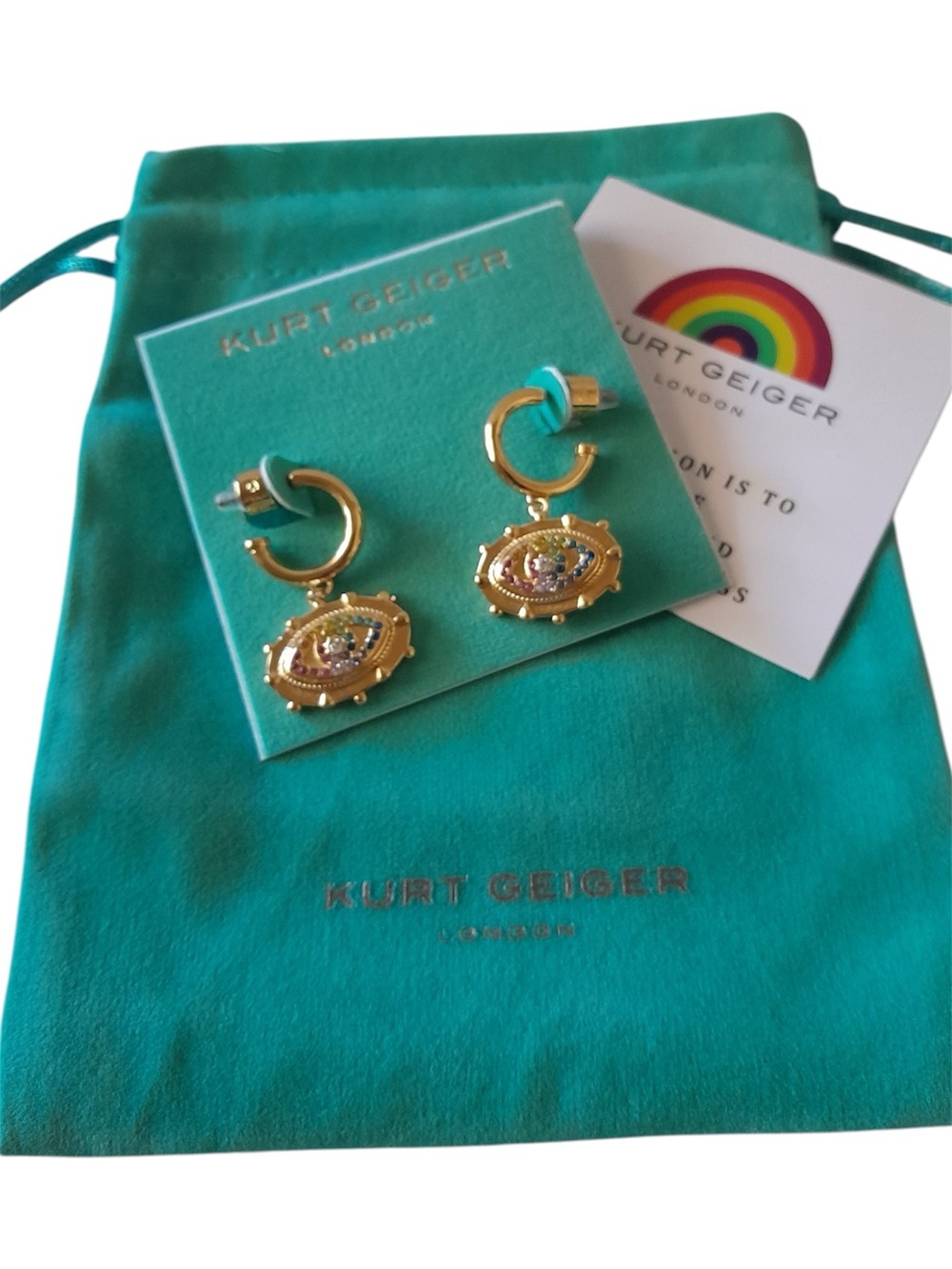 Kurt Geiger Evil Eye Rainbow Huggie Drop Earrings Gold Crystal Talisman Hoop - Picture 3 of 7